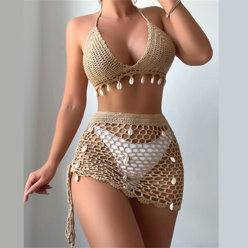 Γυναικεία Καλύμματα Παραλίας Summer2Piece Σύνολα Seashells Halter Crochet Μπικίνι με Τοπ και Μίνι 2