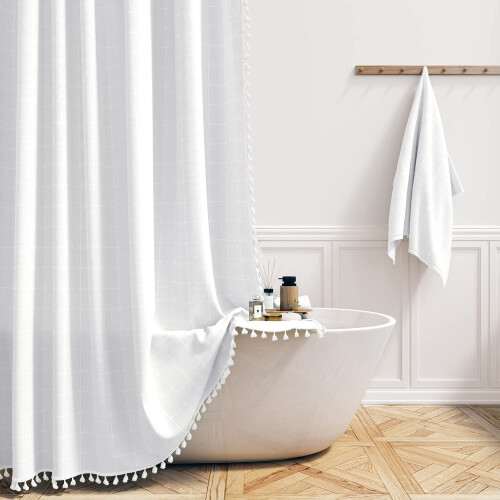 Κουρτίνα ντους Boho Stall 36x72, εξαιρετικά χοντρό σχέδιο φούντας από μείγμα λινού με 6