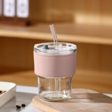 HauiWeiLyai 420ml Office Covered Straw Cup Coffee Cup Transparent Household Glass Cup