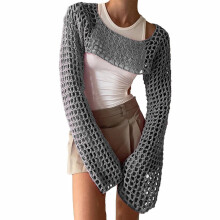 Badpakcoverup voor dames, gebreide blouse met ronde hals en lange mouwen in effen kleur met uitgesneden design, cover-up voor badkleding, maat S,