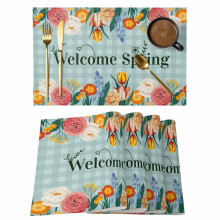 Platzsets für den Frühling (2er-Set), Aquarellblumen & blau-kariertes Landhausdesign, rutschfest, abwaschbar, für drinnen und draußen