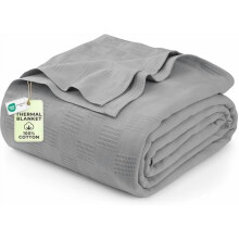 Kølig grå 100% bomuldstæppe [Queen Size - 90x90 tommer] 350 gsm let, blødt og åndbart termisk tæppe til alle årstider