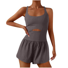 Moisture Wicking Womens Running One Piece Workout Romper Exercise Jumpsuit Gym Yoga Activewear Comfortable Stretch Fabric Gray2# L