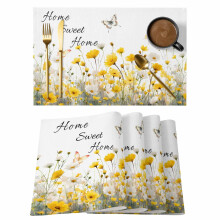 Tischsets mit frühlingshaftem gelben Blumenmuster (1 Stück), rutschfeste, abwaschbare Tischsets mit Aquarell-Blumen- und Schmetterlingsmotiv für