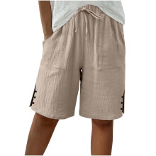 Pantalones cortos casuales para mujer, cintura elástica, pierna ancha, largo hasta la rodilla.