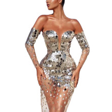 Glittrande långärmad bodycon-klänning med bara axlar för kvinnor, paljettbesatt gasbinda, skarvad balklänning för nattklubb, cocktail