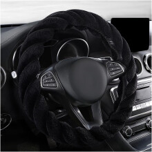 Coprivolante antiscivolo Fluffy15", morbido e caldo accessorio per auto in peluche per donne e ragazze - Nero, rotondo, compatibile con la maggior