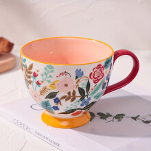 Hand-painted floral ceramic mug, large capacity, reusable coffee cup with handle—also works as breakfast bowl for milk/yogurt. Ideal gift.