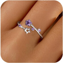 925 Sterling Silver Star Ring with Green/Blue Birthstone, Adjustable Y2K CZ Double Star Wrap Ring – Birthday Gift for Daughter