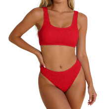 Set bikini da donna, bikini a due pezzi a coste con top a spalline larghe e costume da bagno a vita media per la spiaggia, bikini da donna, rosso, XL