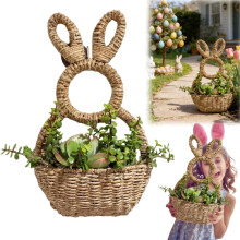 Bunny Basket Hanging Wall Pocket, Hand-Woven Wicker Easter Decor, Unlined for Indoor/Outdoor Front Door – Compatible with Standard Hooks