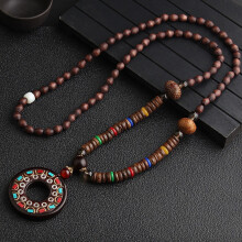 handmade pendant with retro ethnic style, long wooden bead necklace, men's and women's accessory decoration pendant, brown, 1 piece