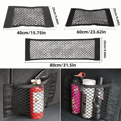 Opbevaringspose til bilsæderyg med net, elastisk reb og velcro 1