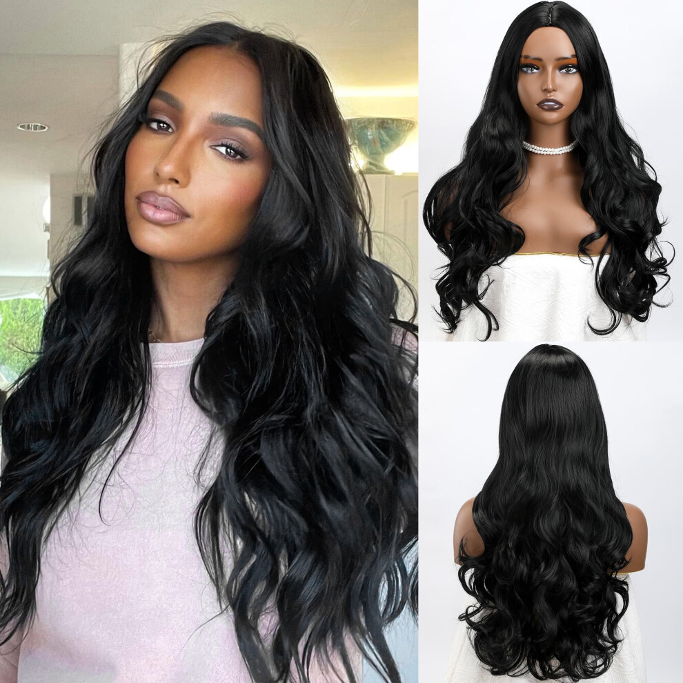 Unisex Black Long Wavy Wig For Women Curly Wig 25Inch Synthetic Glueless Hair Wig