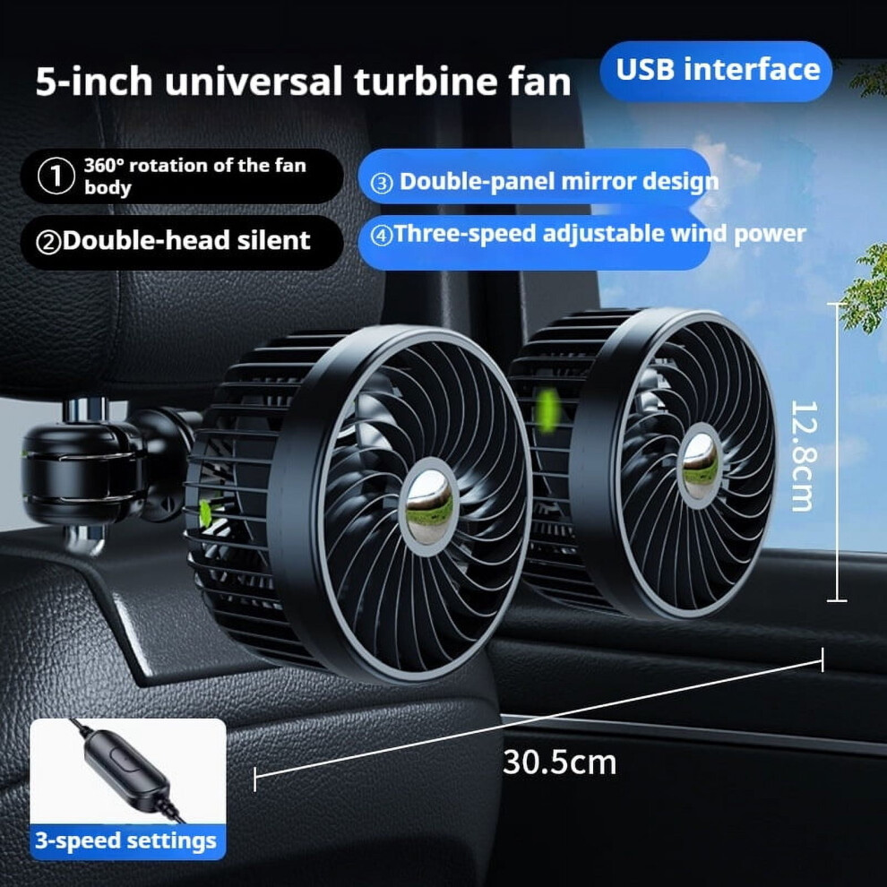 5.03-Inch Dual Head Car Fan Usb Car Use 12V Car Electric Fan Cooling (Usb Interface 360 Rotation Strong Wind And Sound) Light 9399596105628