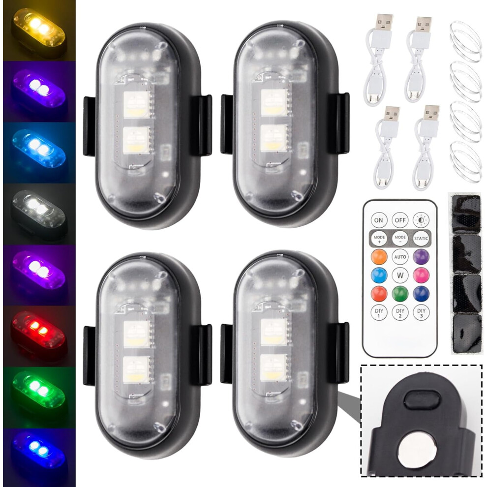 4Pcs Wireless Led Strobe Lights W/ Remote, Waterproof Usb-Charged, 8 Colors, High-Brightness Warning Lights For Car, Drone, Truck, Bike Â Compatible 9399596105727