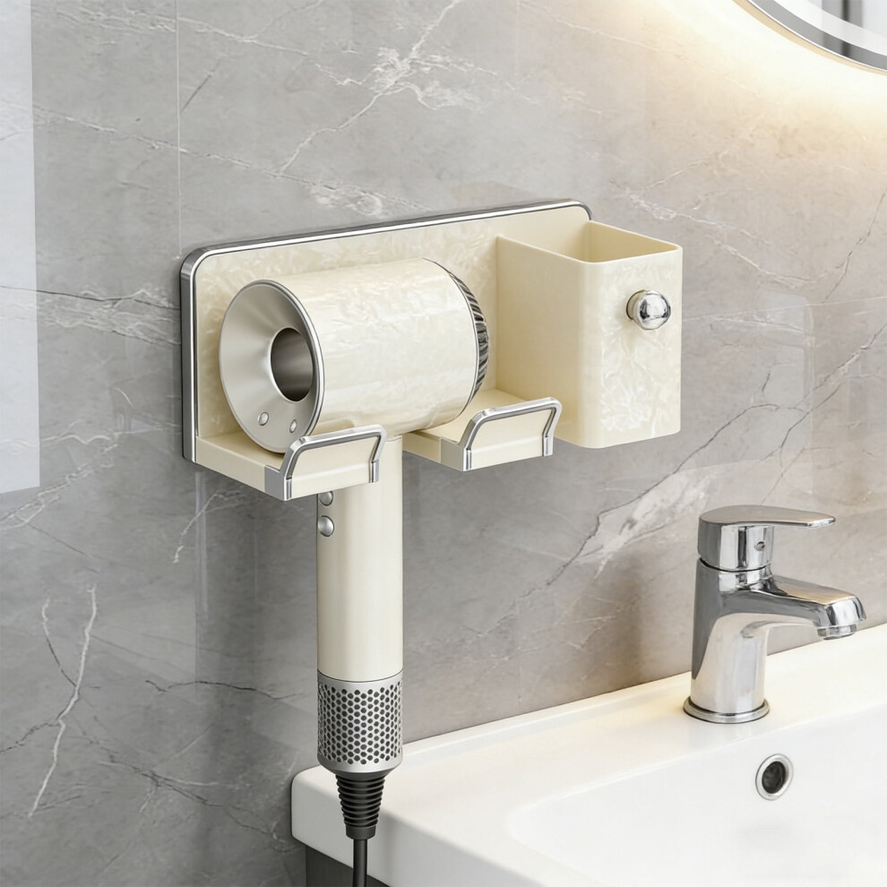 No-Drill Hair Dryer Wall Mount With Hooks & Cord Coil 9058772230164