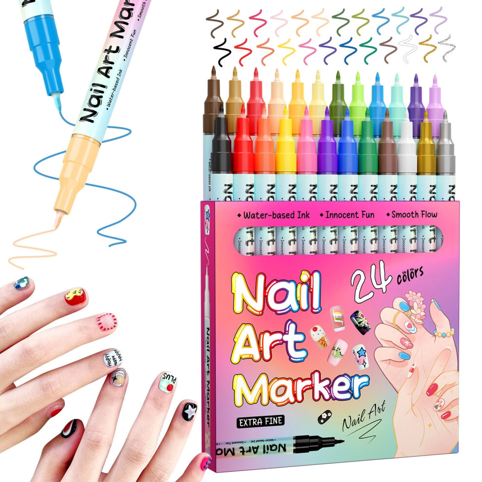 24-Color Nail Art Markers for Kids, 0.5mm Fine Tip, Waterproof & Quick-Drying â Compatible with All Nail Polishes