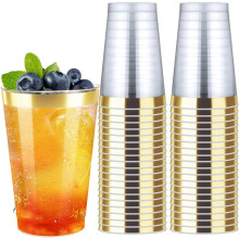 Copas de vino de plástico transparente de 355 ml con borde dorado – Paquete de 100