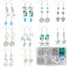 DIY Sea Earring Making Kit: 10 Pairs Silver Turtle Beads, Vintage Tibetan Style, Ocean/Beach Theme, Mixed Colors