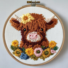 DIY Punch Needle Kit: Little Highland Cow in Flowers, Easy for Beginners, Includes Printed Pattern & Hoop (20x20cm), Home Decor