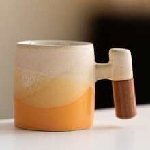 Ceramic Espresso Cups with Wooden Handle, Small Coffee Cups Double Shot Espresso Cups,Rough Pottery Cute Small Tea Cup with Gradient Glaze