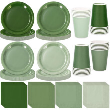 Service de table vert sauge nude pour 48 personnes : vaisselle jetable (48 assiettes de 23 cm, 48 assiettes de 18 cm, 48 gobelets de 27 cl, 100
