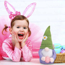 Decorațiune de pluș de Paște, pălărie verde lucrată manual de 12,6" cu Tomte Nisse suedez de primăvară, cu ou roz, figurină de păpușă elf