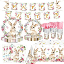Kit de fête de Pâques avec assiettes, serviettes, gobelets, nappe, banderole et couverts pour une décoration printanière.