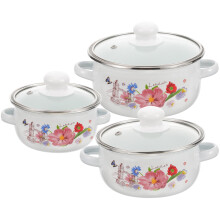 Lot de 3 marmites compactes en émail blanc avec poignées isolantes à motif floral pour une cuisson facile