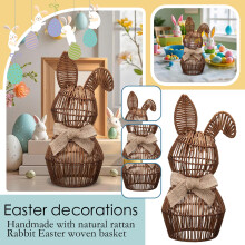 Rattan Easter Bunny Basket - Handwoven Wicker Basket with Fabric Bow for Decor or Storage B