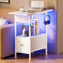 Narrow LED Nightstand with Charging Station & Fabric Drawers – White, Compatible with Small Spaces, Dorms