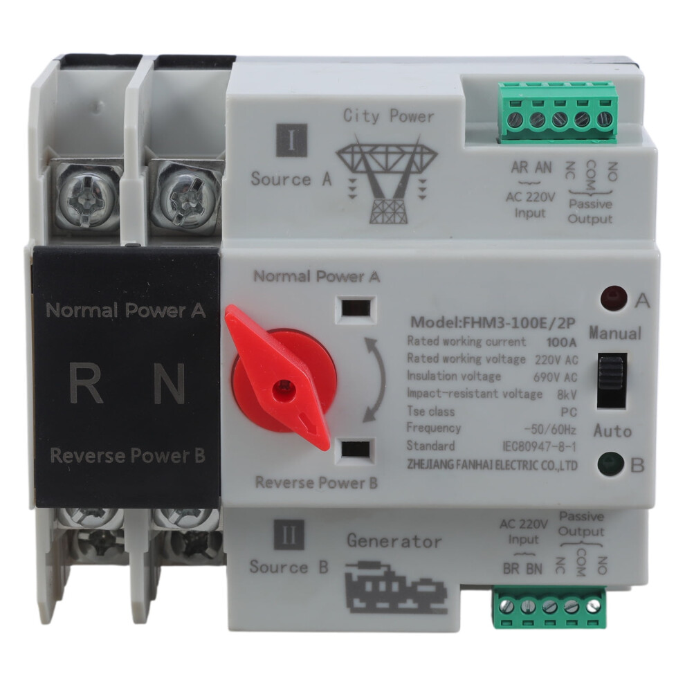 2P 100A Double Power Automatic Transfer Switches Din Rails Mounted Electrical Selector Switches For Inverter, Generator Use 9558633950021