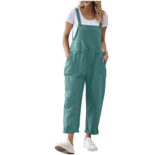 Macacão feminino azul celeste sem mangas com alças finas – Leve, com detalhes de bolso, ideal para o verão, confortável para o dia a dia.