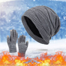 Men's & Women's Winter Knit Hat and Gloves Set, Fleece Lined Slouchy Beanie, Warm Knit Gloves, Cold Weather Accessories Set Grey