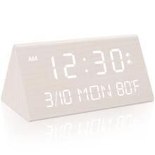 Modern Wooden Digital Alarm Clock with USB Charging, Dual Alarm, Snooze, Temp/Date Display, 5-Brightness Levels, DST Adjustment – White
