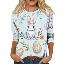Oster-T-Shirts für Damen (Größen S-3XL) mit 3/4-Ärmeln, Ostermotiv, Rundhalsausschnitt, ideal für Sommer und Feiertage.