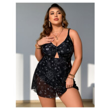 Plus size svartvit mönstrad mesh-baddräkt i ett stycke för kvinnor – UPF50+, bekväm och smickrande; kompatibel med kurviga figurer