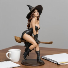 Statue en résine d'une sorcière noire sur son balai, 15 cm