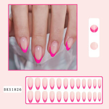 24 uñas postizas de color rosa intenso con punta francesa, forma almendrada corta, reutilizables, brillantes, cobertura total – Compatibles con