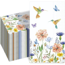 100PCS Floral 3-Ply Paper Napkins – Wildflower & Hummingbird Design, Compatible with Wedding, Baby Shower, Birthday & Tea Party