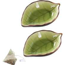 Lot de 2 sous-verres pour sachets de thé, 11 cm, en céramique émaillée effet craquelé, motif feuille d'arbre, assiette à sachets de thé en