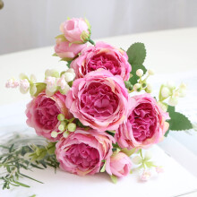 Blandet silkepeonbukett (5L+4S), kunstig, 30x7,5 cm, til bryllup, valentinsdagen, julen, Thanksgiving – kompatibel med eventplanleggere
