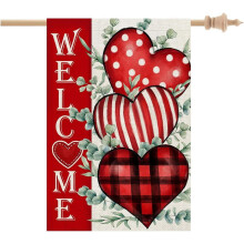 Drapeau de maison pour la Saint-Valentin, 71 x 102 cm, double face, pour l'extérieur, grand drapeau de bienvenue en toile de jute avec cœurs rouges