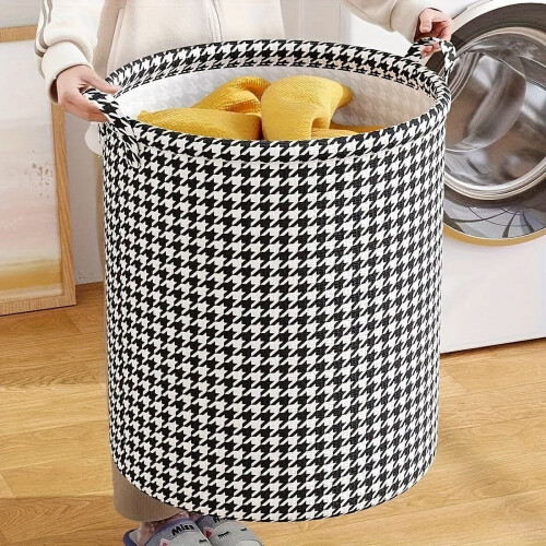 Πτυσσόμενο καλάθι πλυντηρίου Houndstooth, μοντέρνο υφασμάτινο καλάθι αποθήκευσης με