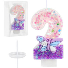 Pink & Purple Butterfly Birthday Number 2 Candle with Glitter & Sequins – Cake Topper for Girls, Women, Anniversary – Compatible with Standard