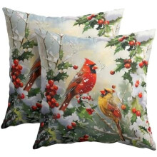 Putetrekk med vinterrøde fugler, 20x20", putetrekk med julemotiv og furu, bomullslin, kompatibel med standard firkantede innlegg
