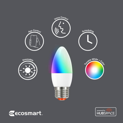 60-Watt Equivalent Smart B11 E26 Color Changing CEC LED Light Bulb with Voice Control Powered by Hubspace (2-Pack) 1