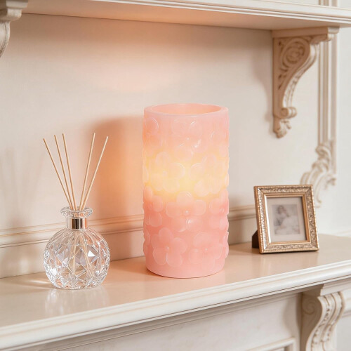 Vela LED rosa sin llama de 3x6 pulgadas, funciona con pilas. 1