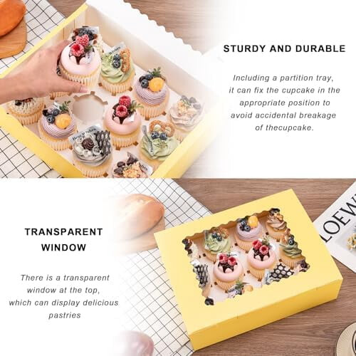 6 τεμάχια κίτρινα κουτιά για cupcakes με παράθυρο, κατάλληλα για τρόφιμα, χωράνε 12 2